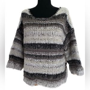 Free People Neutral Gray Striped Oversized Chunky Wool Cotton Alpaca Sweater